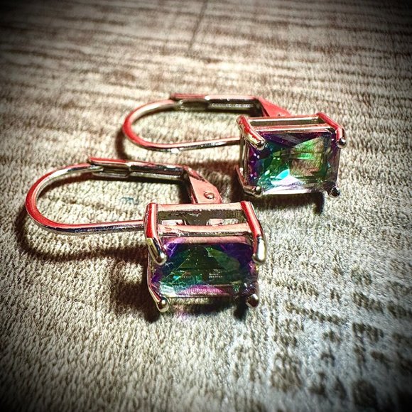 Emerald Cut Rainbow Mystic Topaz Dangle Earrings for Women SIlver Plated - Picture 7 of 10
